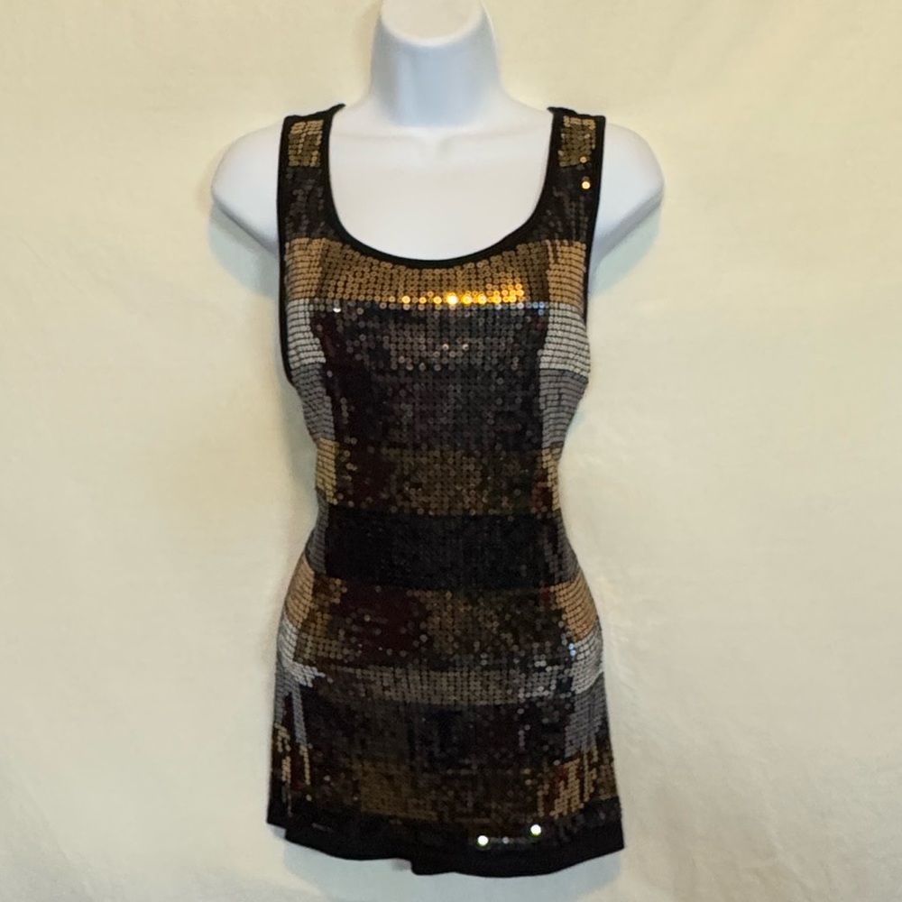 D-105 Cato Black Sequin Front Sleeveless Pullover Summer Blouse Size L